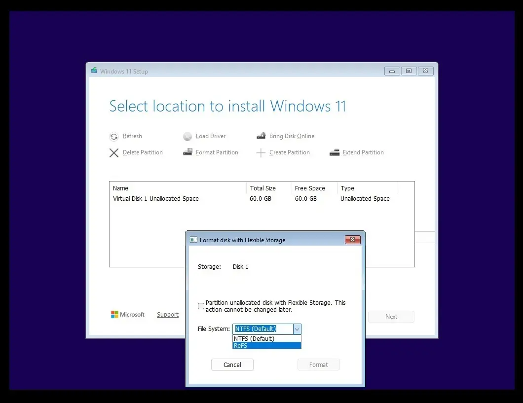 پنجره نصب ویندوز ۱۱ (Windows 11) و انتخاب سیستم فایل ReFS