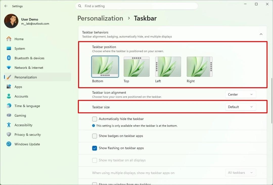 نمای تنظیمات شخصی‌سازی نوار وظیفه یا Taskbar در منوی تنظیمات ویندوز ۱۱