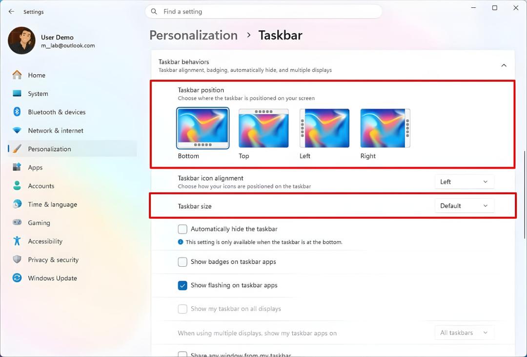 نمای تنظیمات شخصی‌سازی نوار وظیفه یا Taskbar در سیستم‌عامل ویندوز ۱۱