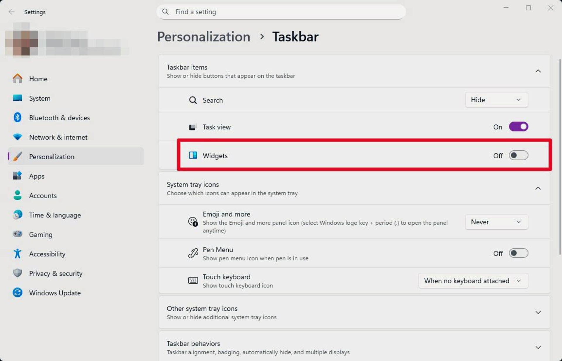 مراحل غیرفعال سازی ویجت های تسکبار در ویندوز ۱۱