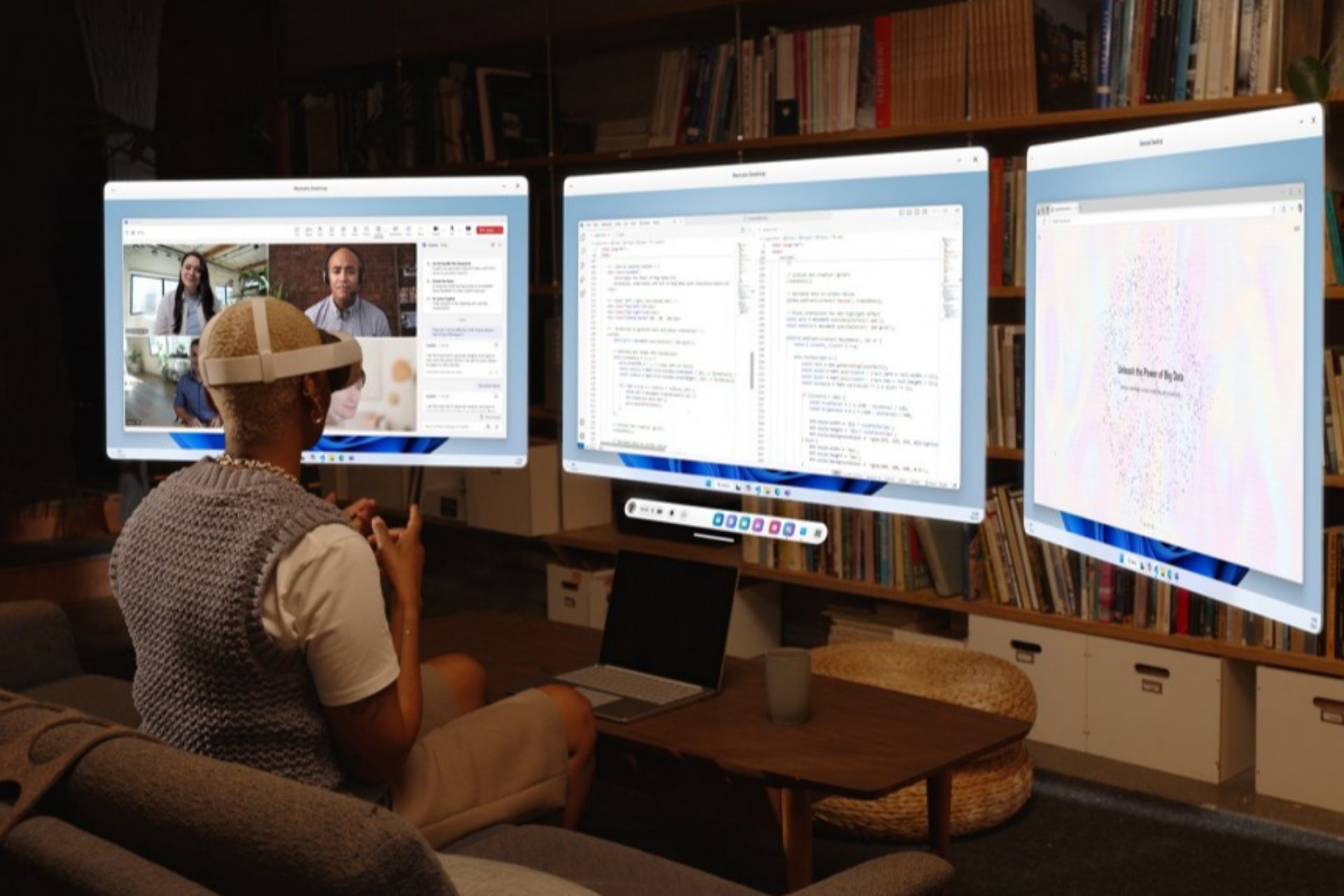 یک پسر سیاه پوست درحال کار با دسکتاپ مجازی ویندوز روی هدست واقعیت مجازی متا