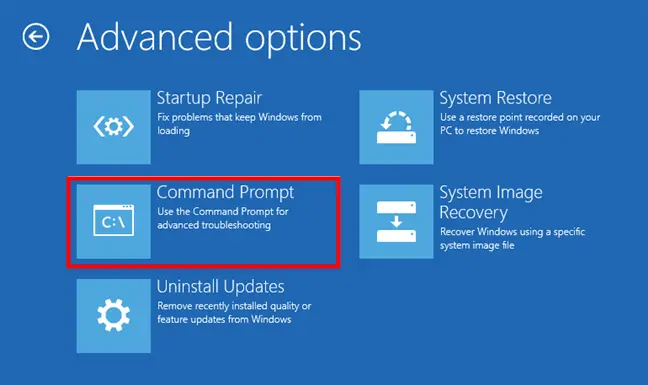 منوی گزینه‌های پیشرفته (Advanced options) ویندوز با انتخاب گزینه Command Prompt