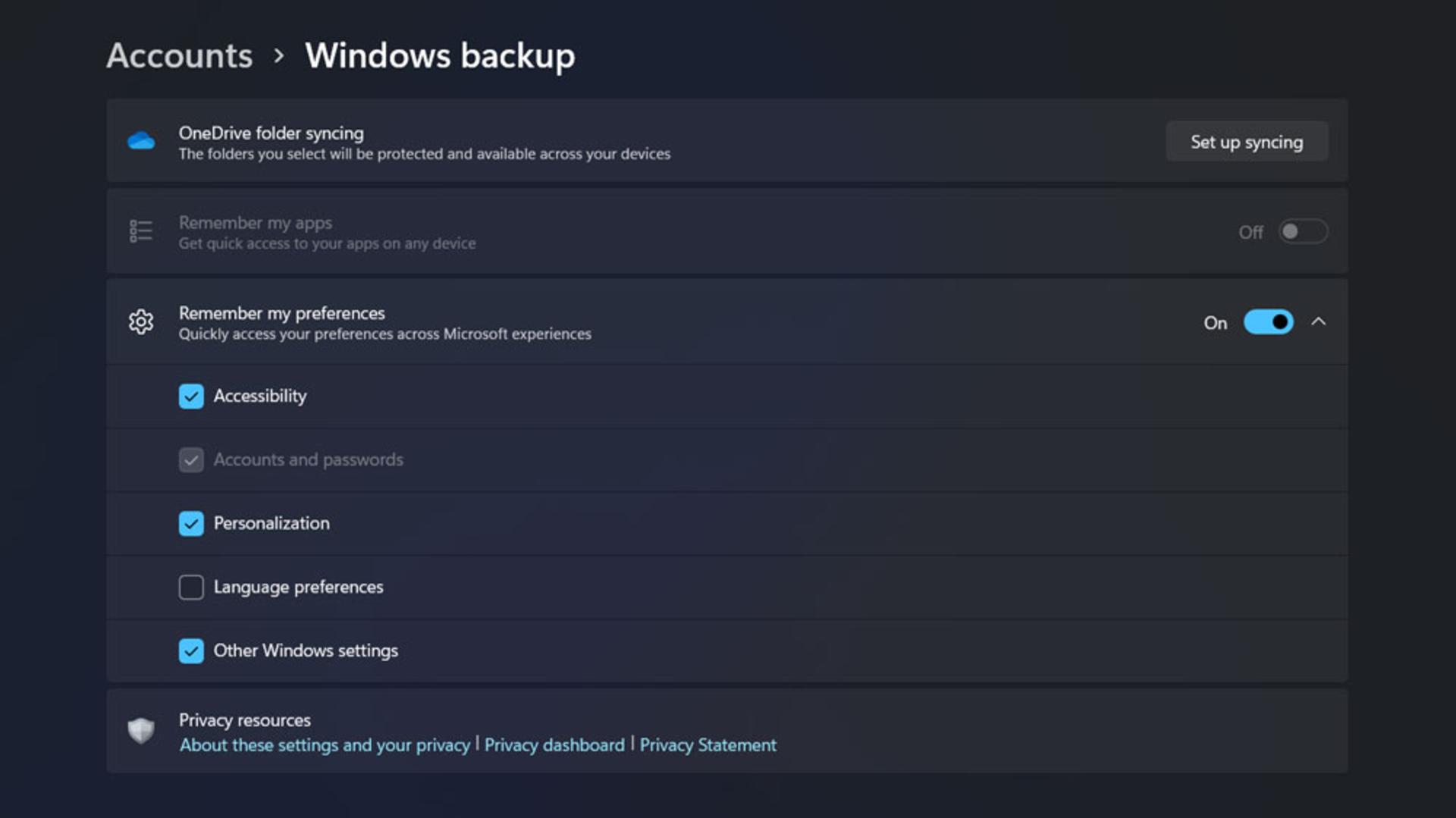 تنظیمات Windows backup