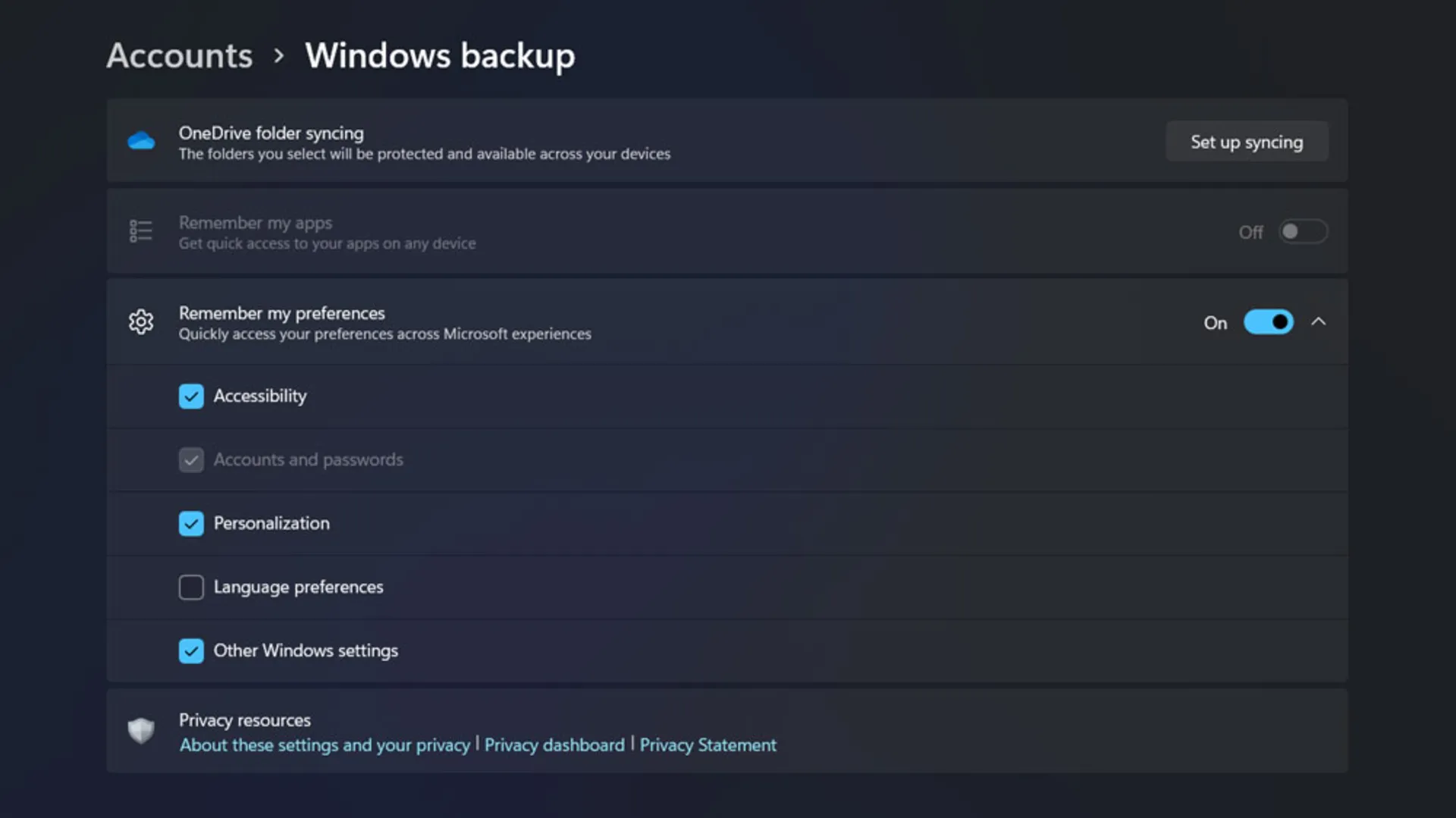 تنظیمات Windows backup