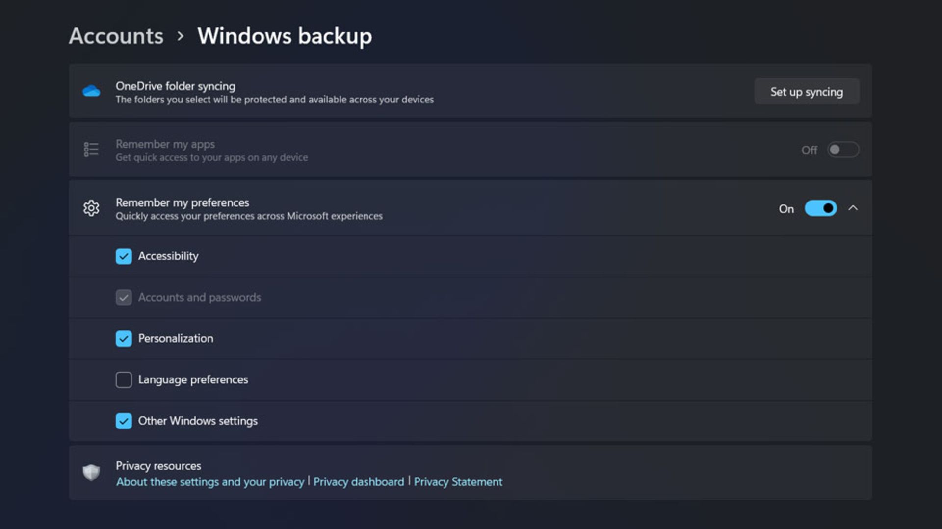 تنظیمات Windows backup