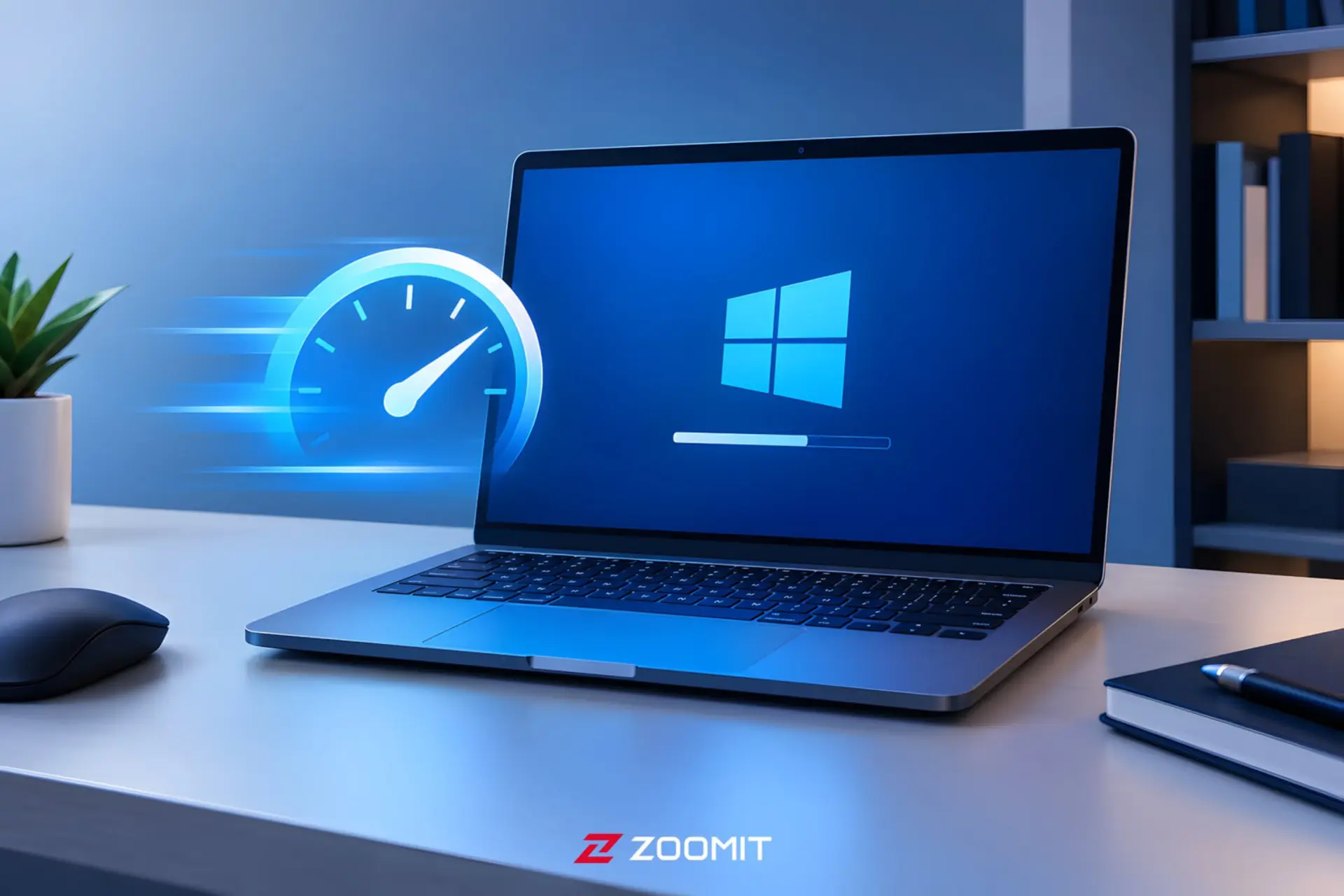 نمای سرعت بالای بوت سیستم ویندوز (Windows) با نمایش آیکون سرعت‌سنج روی لپ‌تاپ