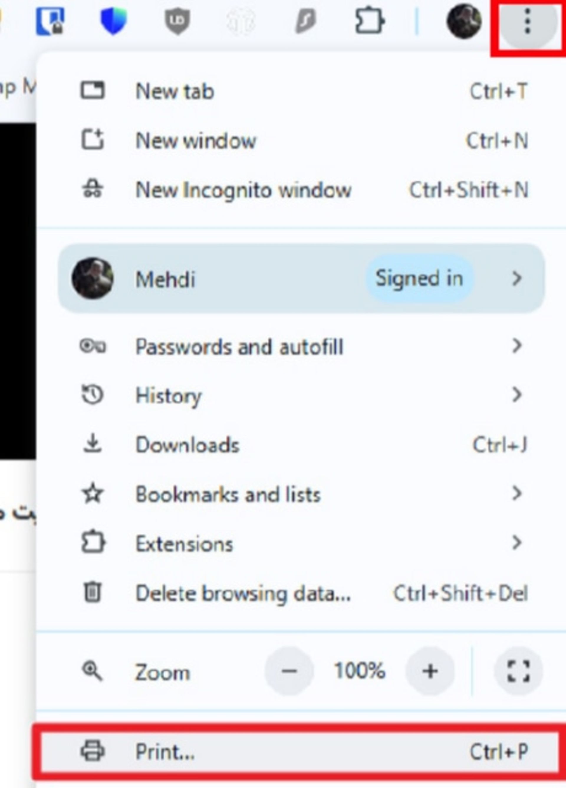 انتخاب گزینه‌ی پرینت در منوی کروم ویندوز