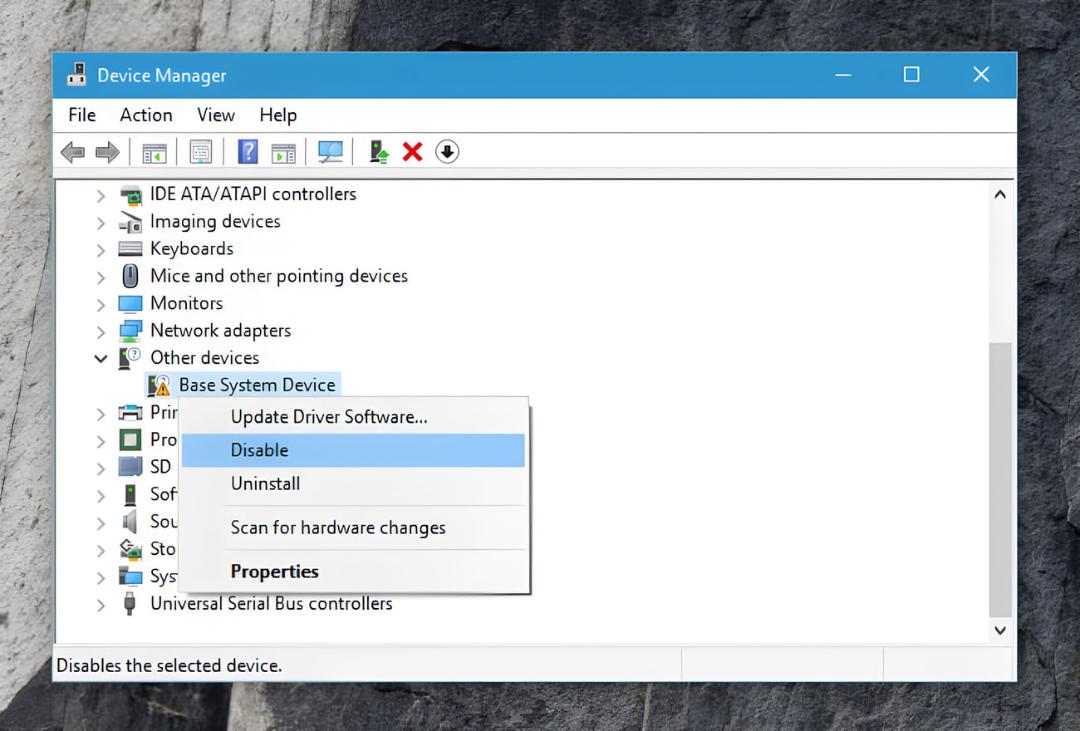 منوی راست‌کلیک در Device Manager ویندوز روی گزینه Base System Device