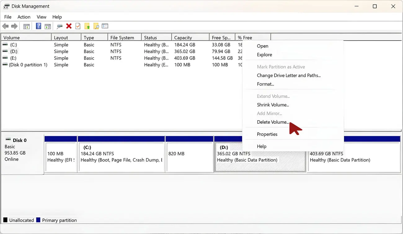 بخش Disk Management ویندوز با منوی باز شده Delete Volume