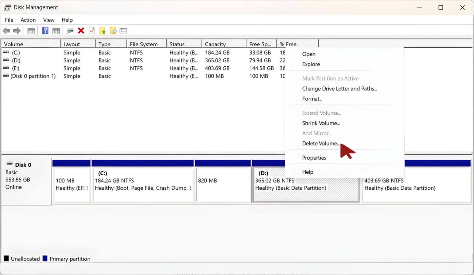 بخش Disk Management ویندوز با منوی باز شده Delete Volume