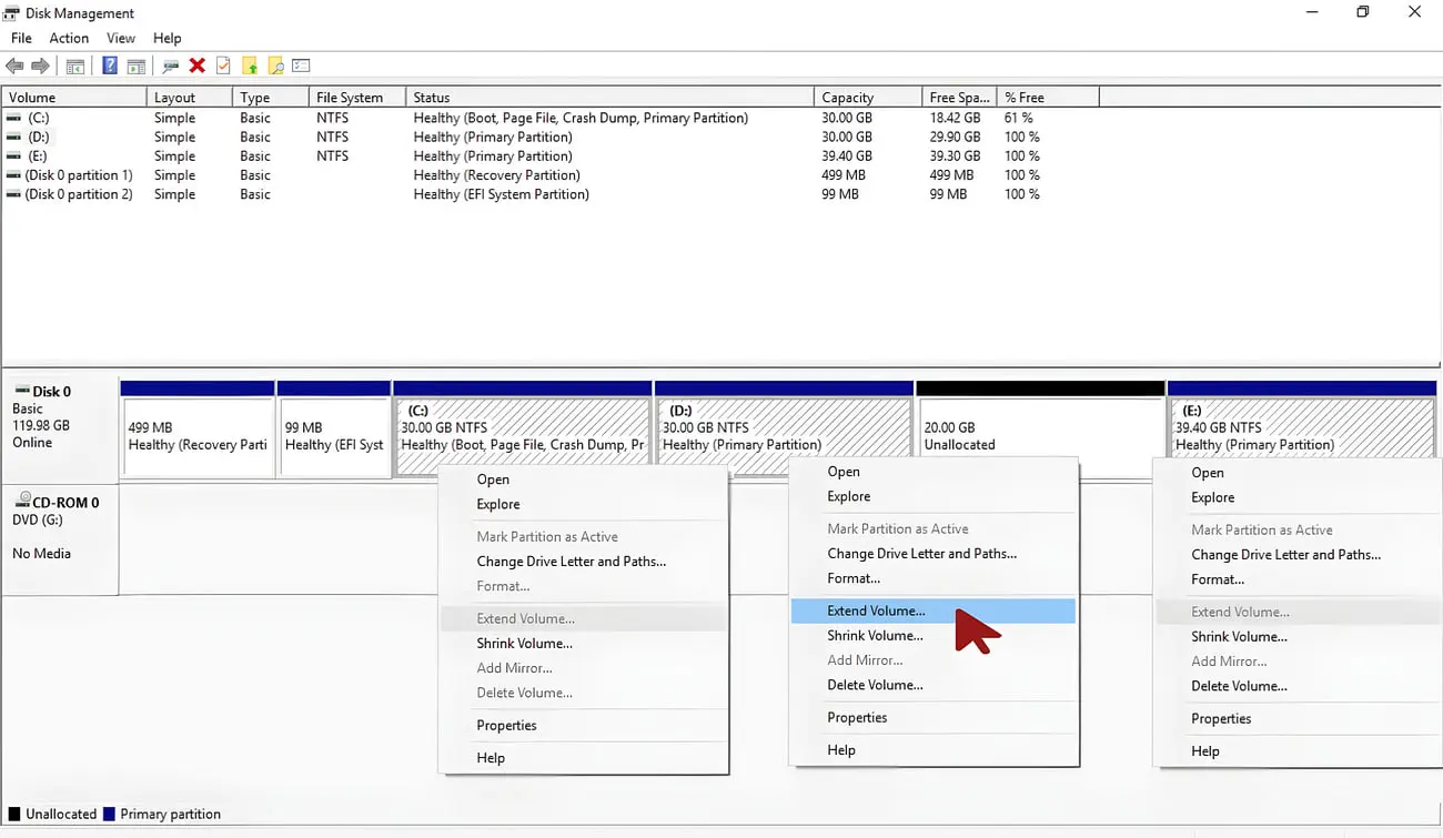 پنجره مدیریت دیسک ویندوز (Disk Management) با گزینه‌های تغییر حجم پارتیشن