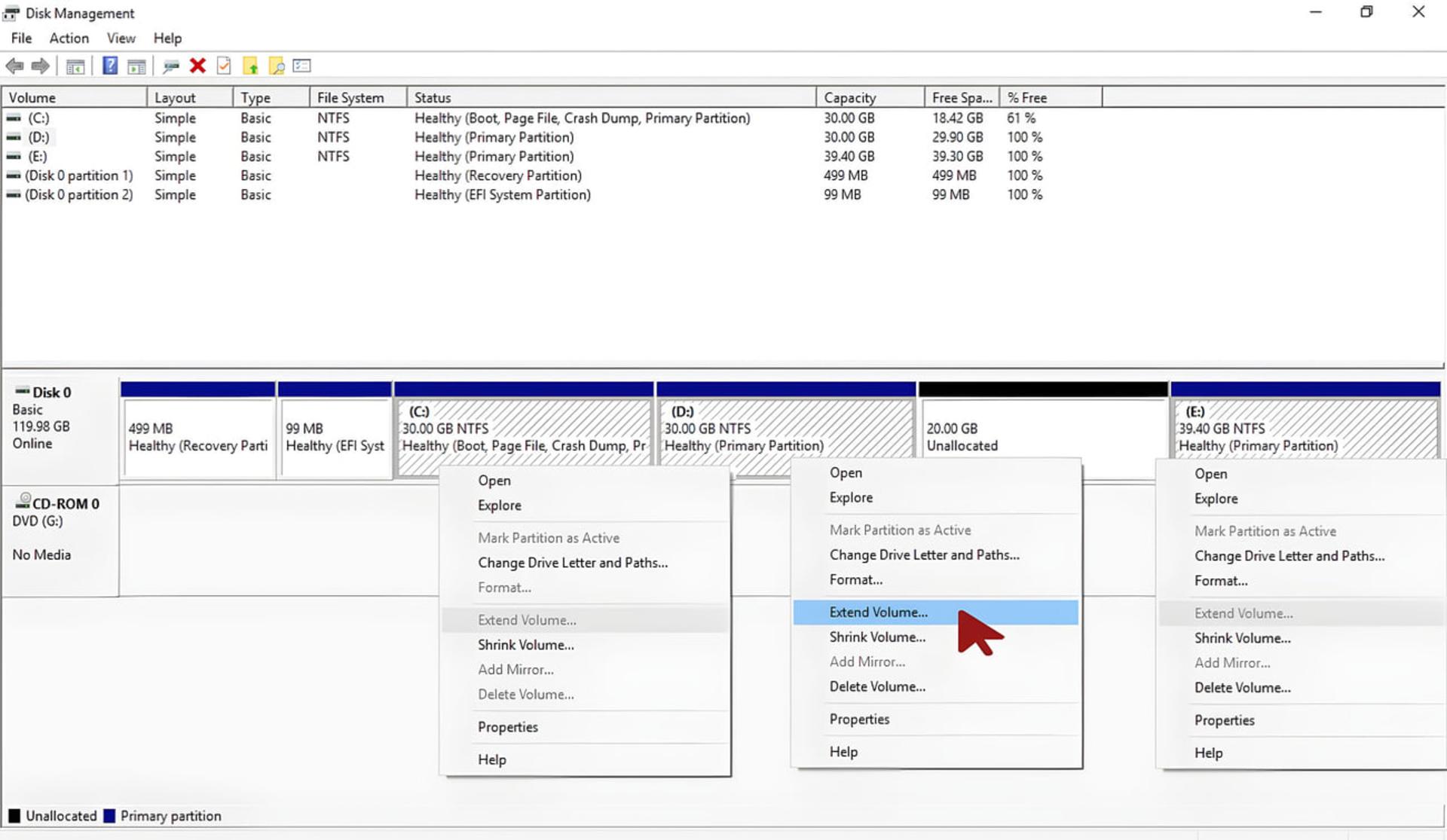 پنجره مدیریت دیسک ویندوز (Disk Management) با گزینههای تغییر حجم پارتیشن