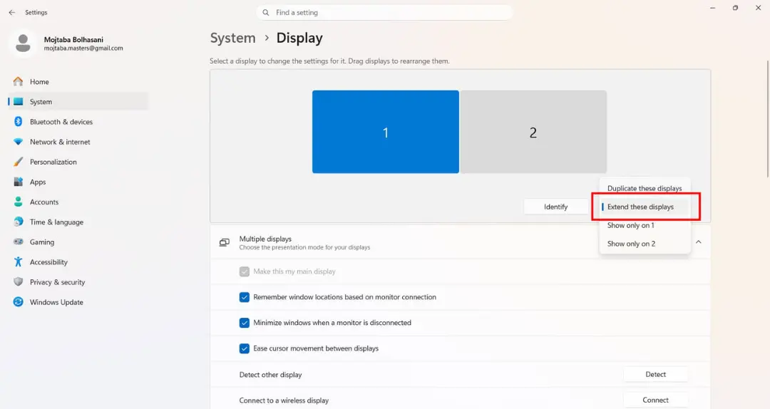 تنظیمات نمایشگر (Display) در ویندوز برای فعال‌سازی حالت Extend these displays