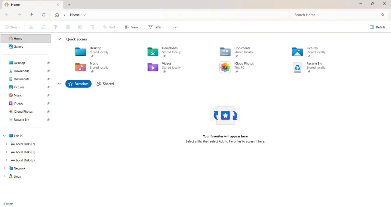 بخش Home در محیط فایل اکسپلورر (File Explorer) ویندوز ۱۱