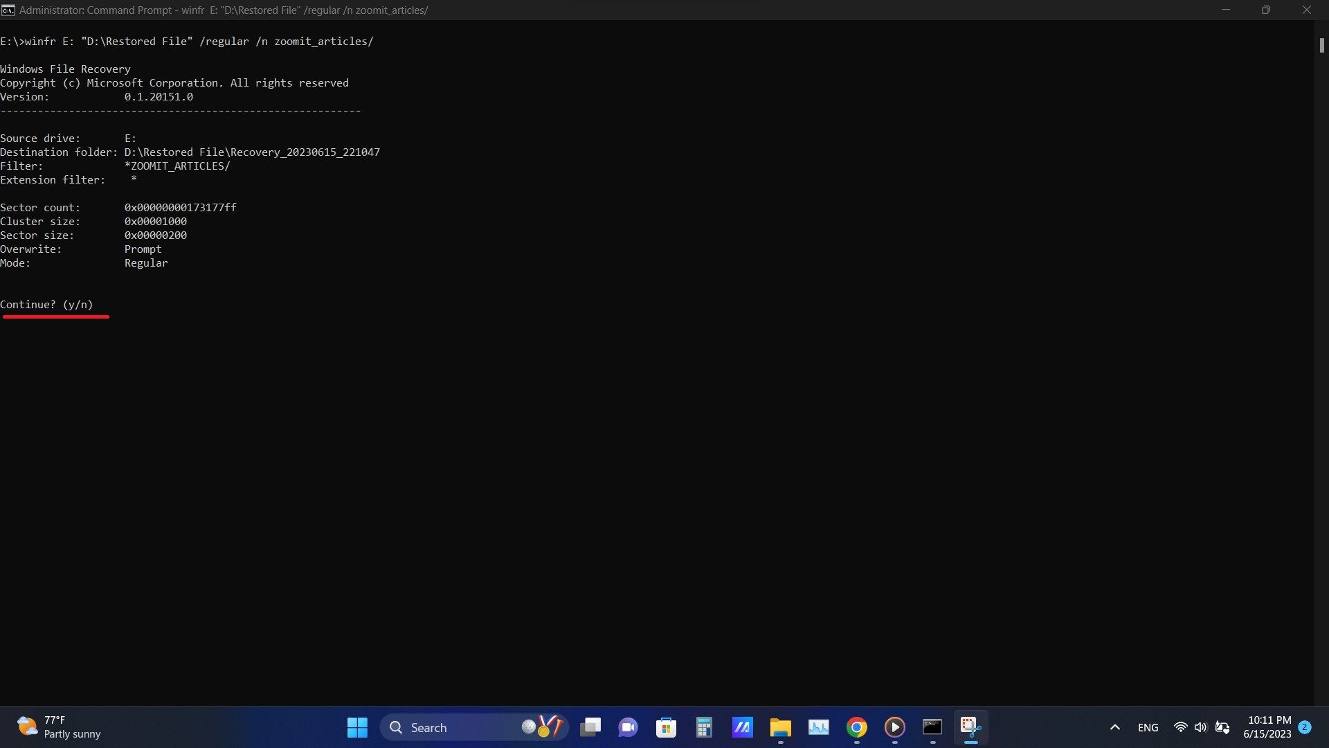 تایید دستور بازیابی فایل‌ها در نرم‌افزار ویندوز فایل ریکاوری