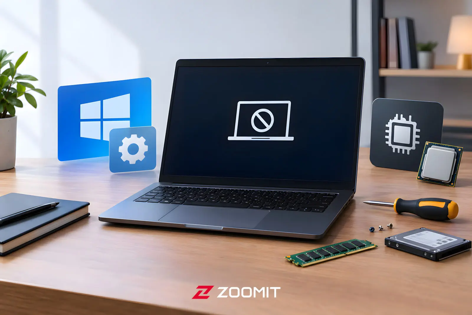 لپ‌تاپ و قطعات سخت‌افزاری مانند رم و پردازنده در کنار لوگوی ویندوز (Windows)