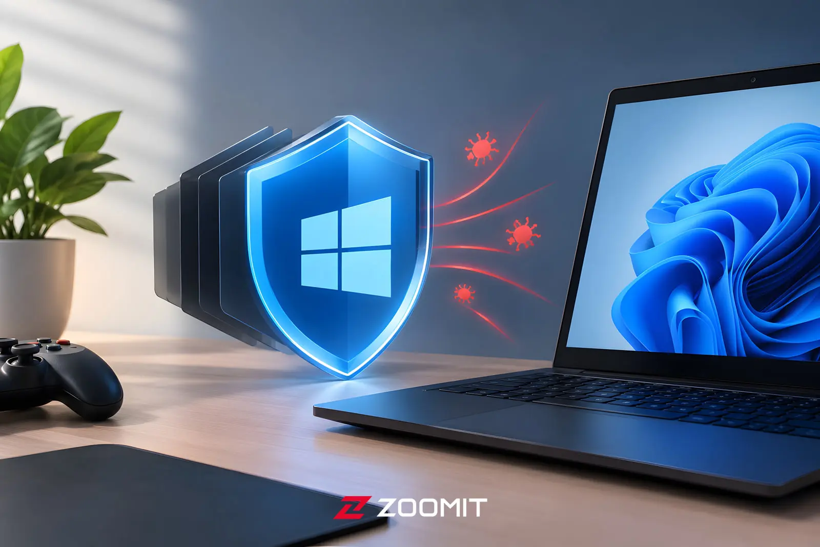 سپر امنیتی ویندوز (Windows) در حال محافظت از لپ‌تاپ در برابر ویروس‌ها