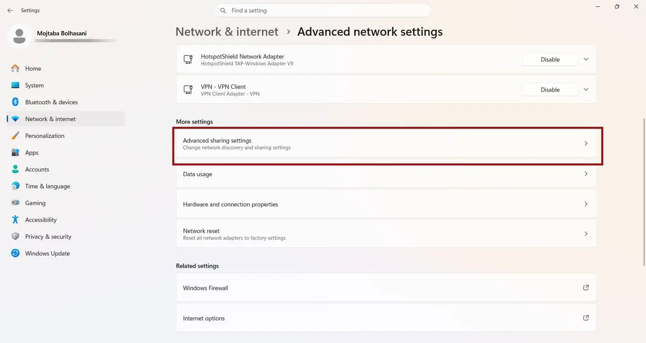 تنظیمات شبکه و اینترنت در منوی Advanced network settings ویندوز