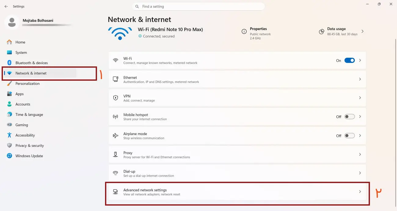 منوی تنظیمات Network & internet در سیستم‌عامل ویندوز ۱۰