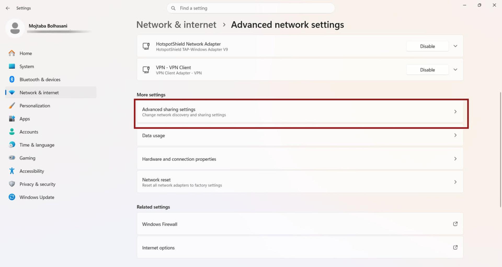 تنظیمات شبکه و اینترنت در منوی Advanced network settings ویندوز