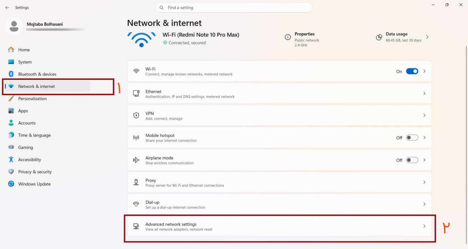 منوی تنظیمات Network & internet در سیستمعامل ویندوز ۱۰