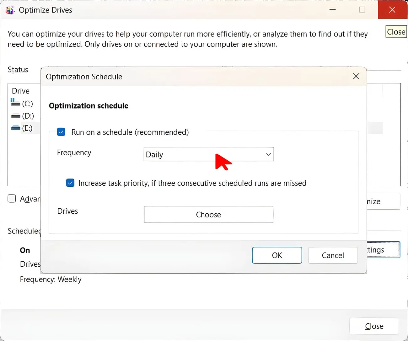 پنجره تنظیمات Optimization Schedule برای زمان‌بندی بهینه‌سازی درایوها در ویندوز