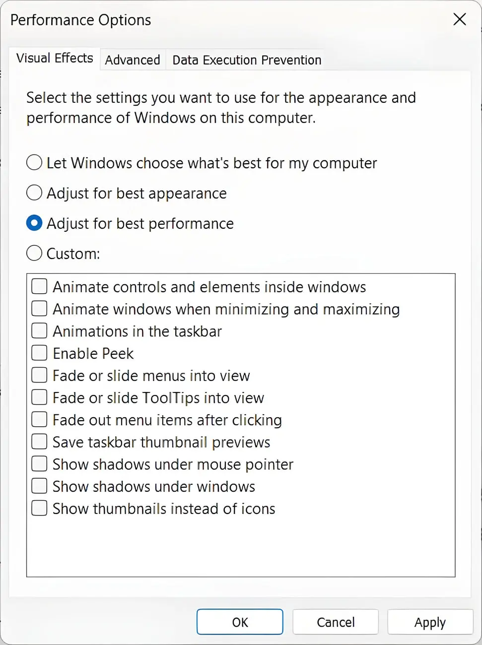 تنظیمات Performance Options در ویندوز با گزینه انتخاب شده Adjust for best performance