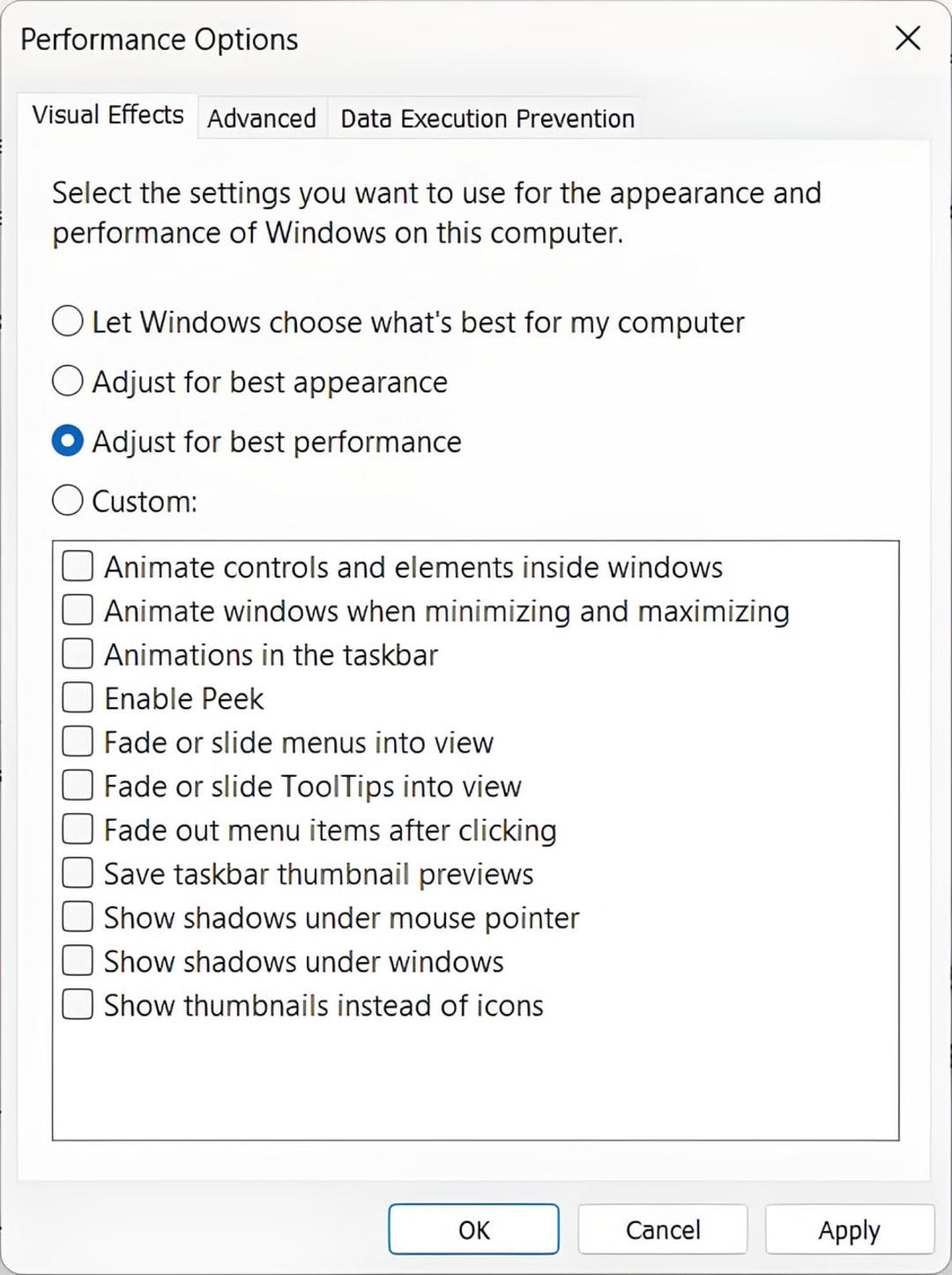 تنظیمات Performance Options در ویندوز با گزینه انتخاب شده Adjust for best performance