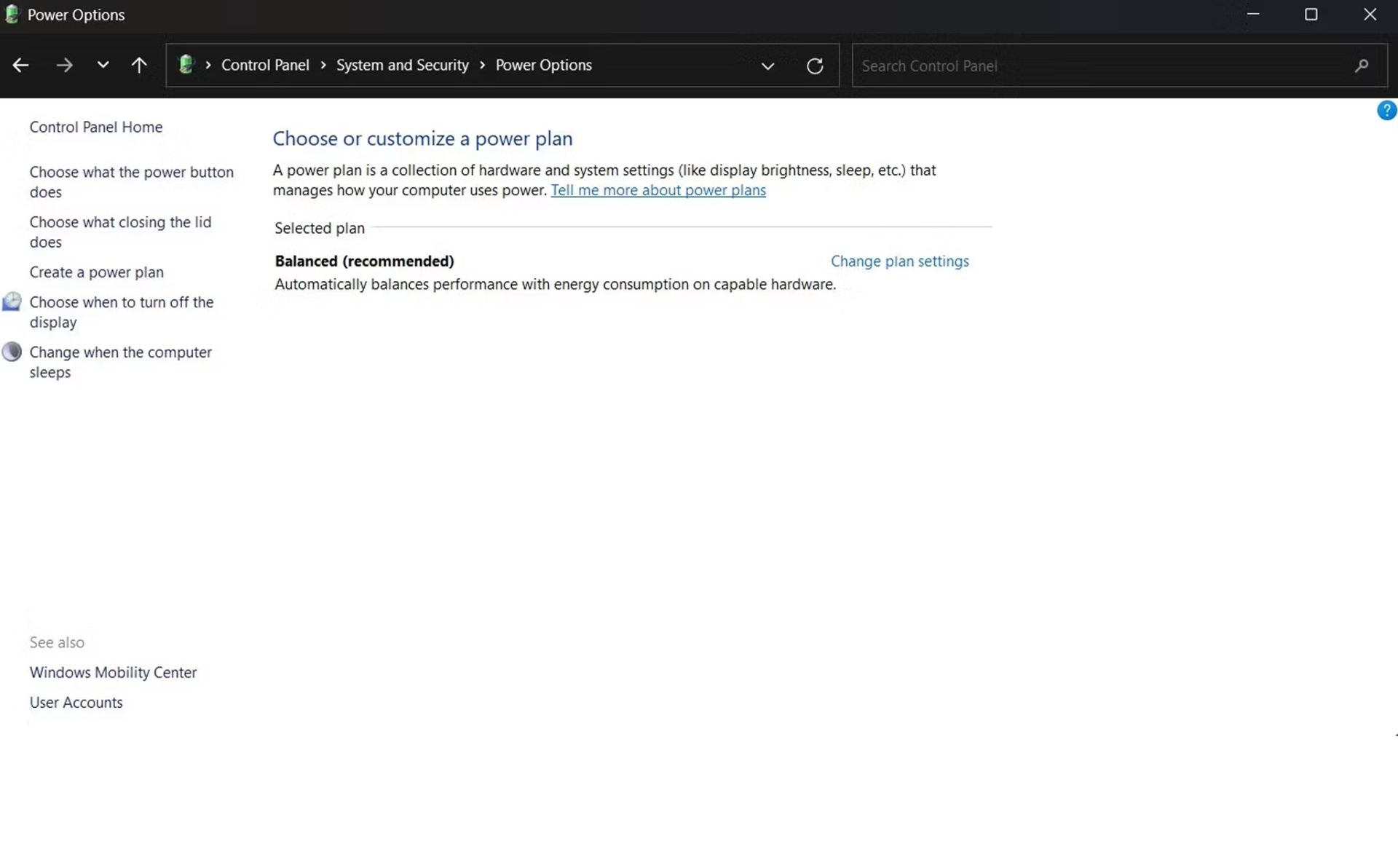 قسمت پاورپلن ویندوز 