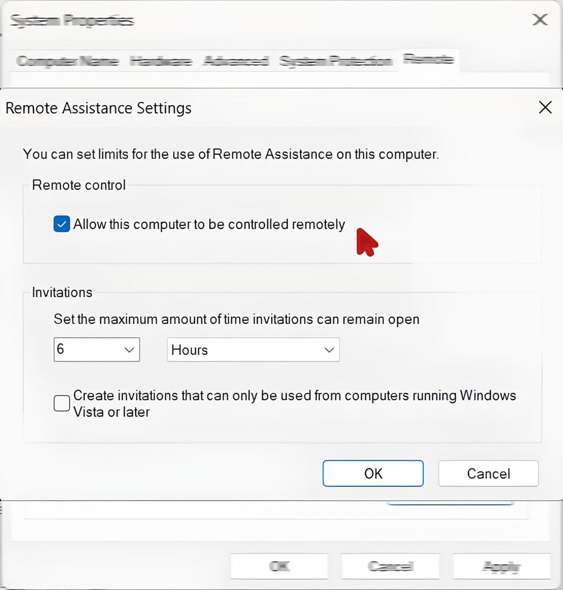 پنجره تنظیمات Remote Assistance در سیستمعامل ویندوز با گزینه فعال کنترل از راه دور