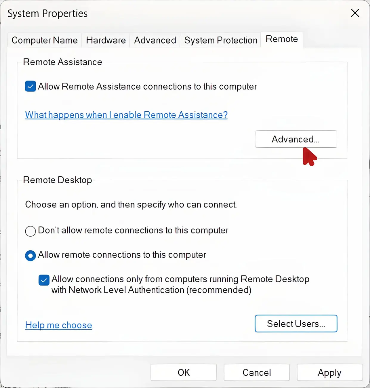 پنجره تنظیمات System Properties در ویندوز با تب Remote فعال است