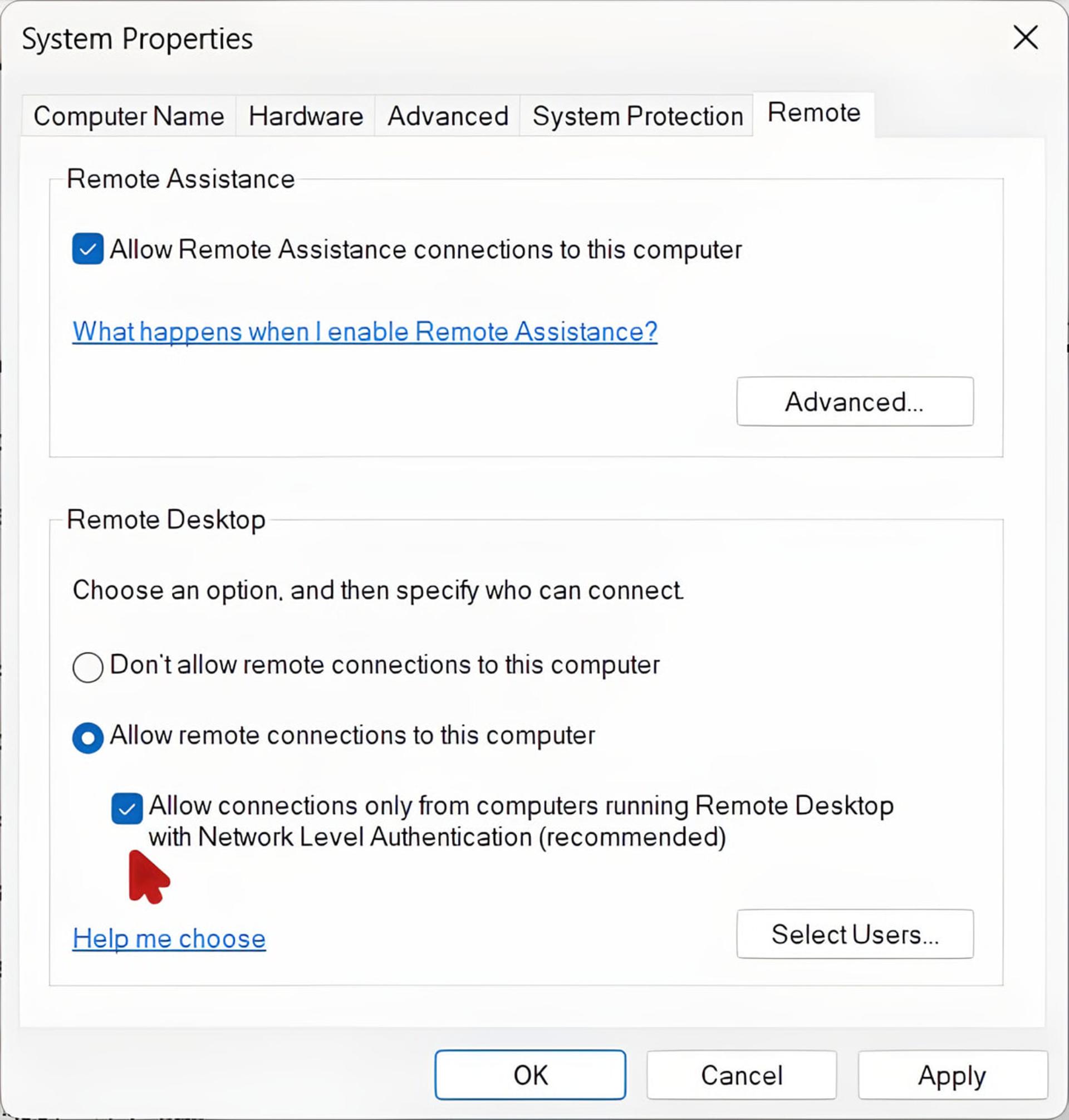 پنجره تنظیمات System Properties در ویندوز با گزینه فعال بودن Remote Desktop