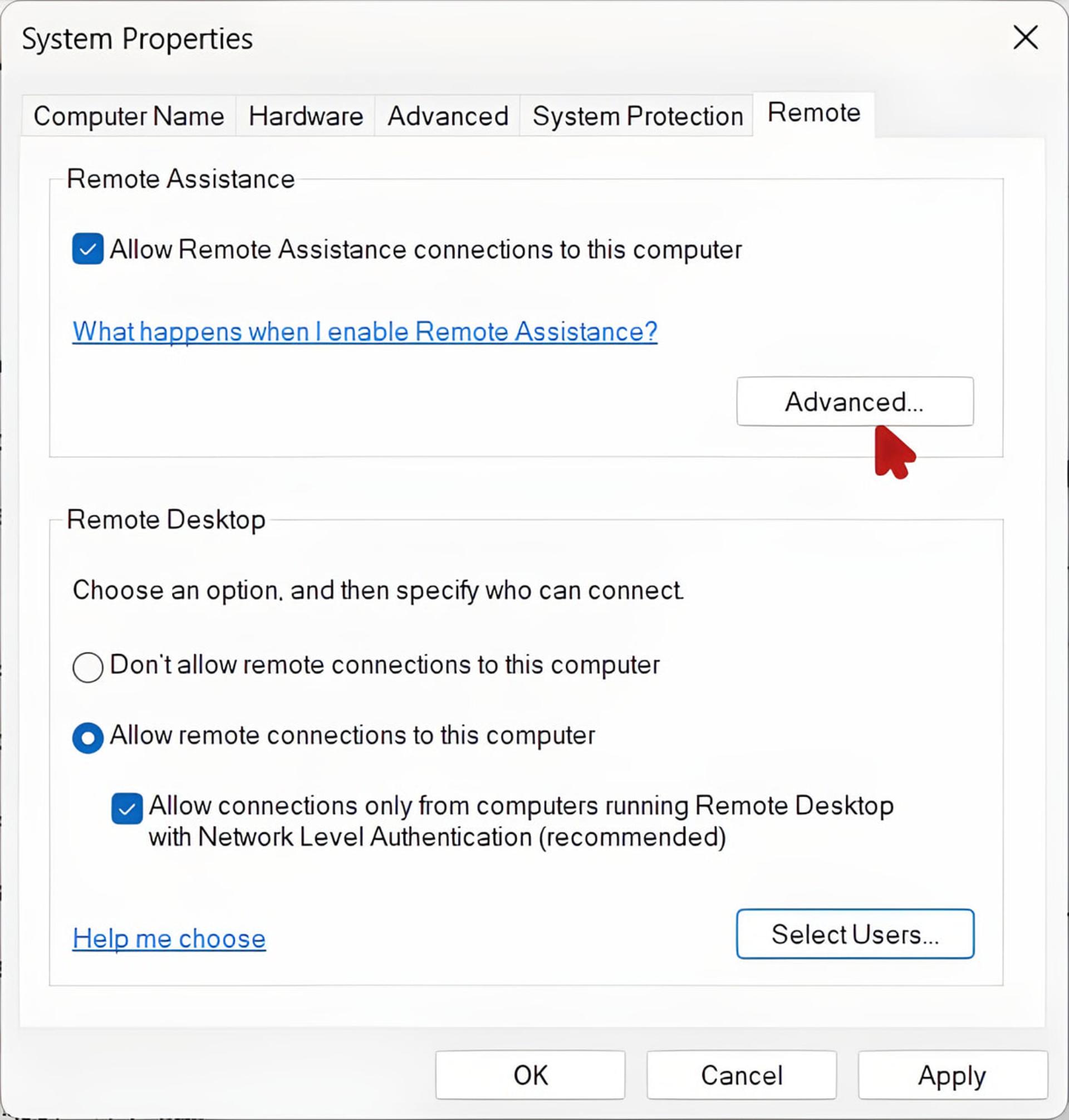 پنجره تنظیمات System Properties در ویندوز با تب Remote فعال است