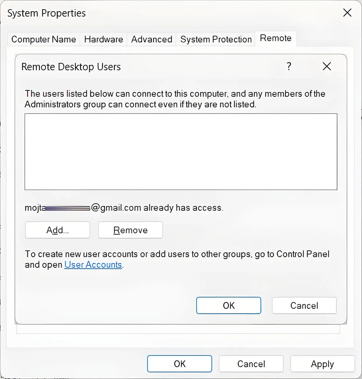 پنجره تنظیمات Remote Desktop Users در سیستم‌عامل ویندوز برای مدیریت دسترسی کاربران