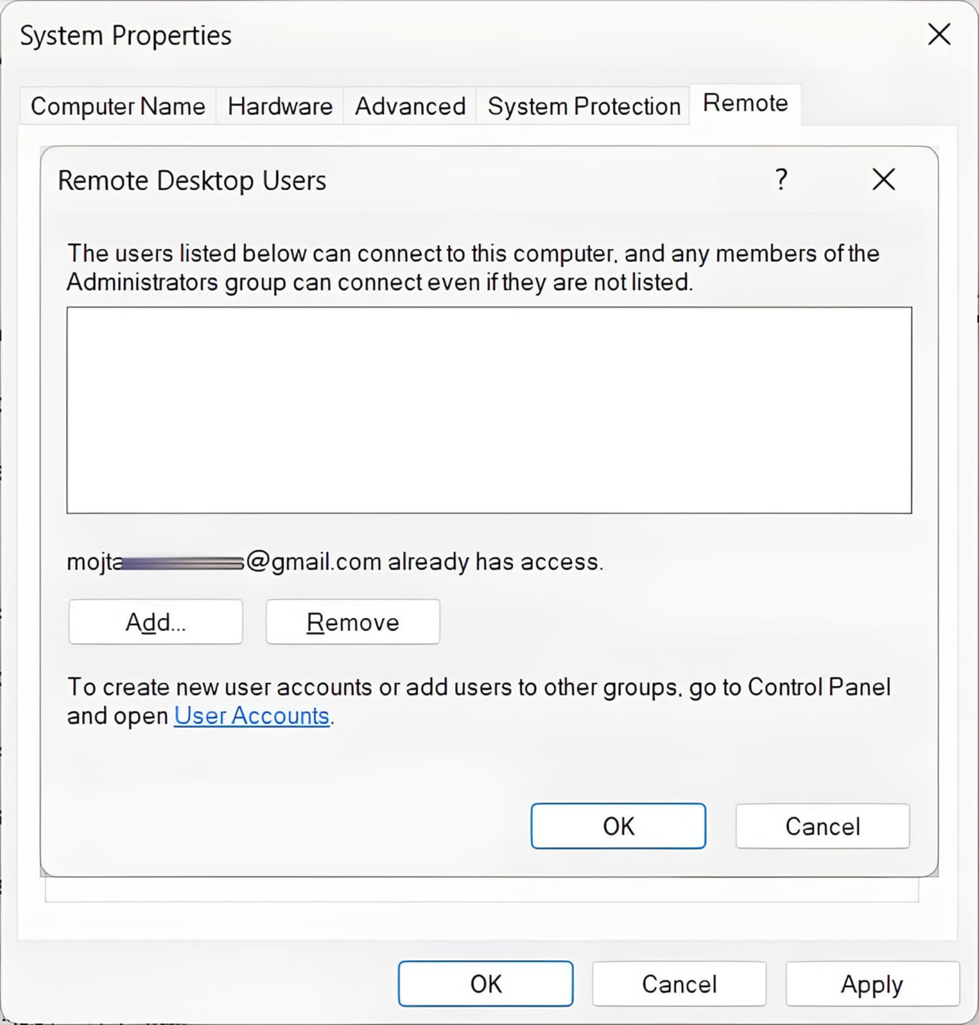 پنجره تنظیمات Remote Desktop Users در سیستمعامل ویندوز برای مدیریت دسترسی کاربران