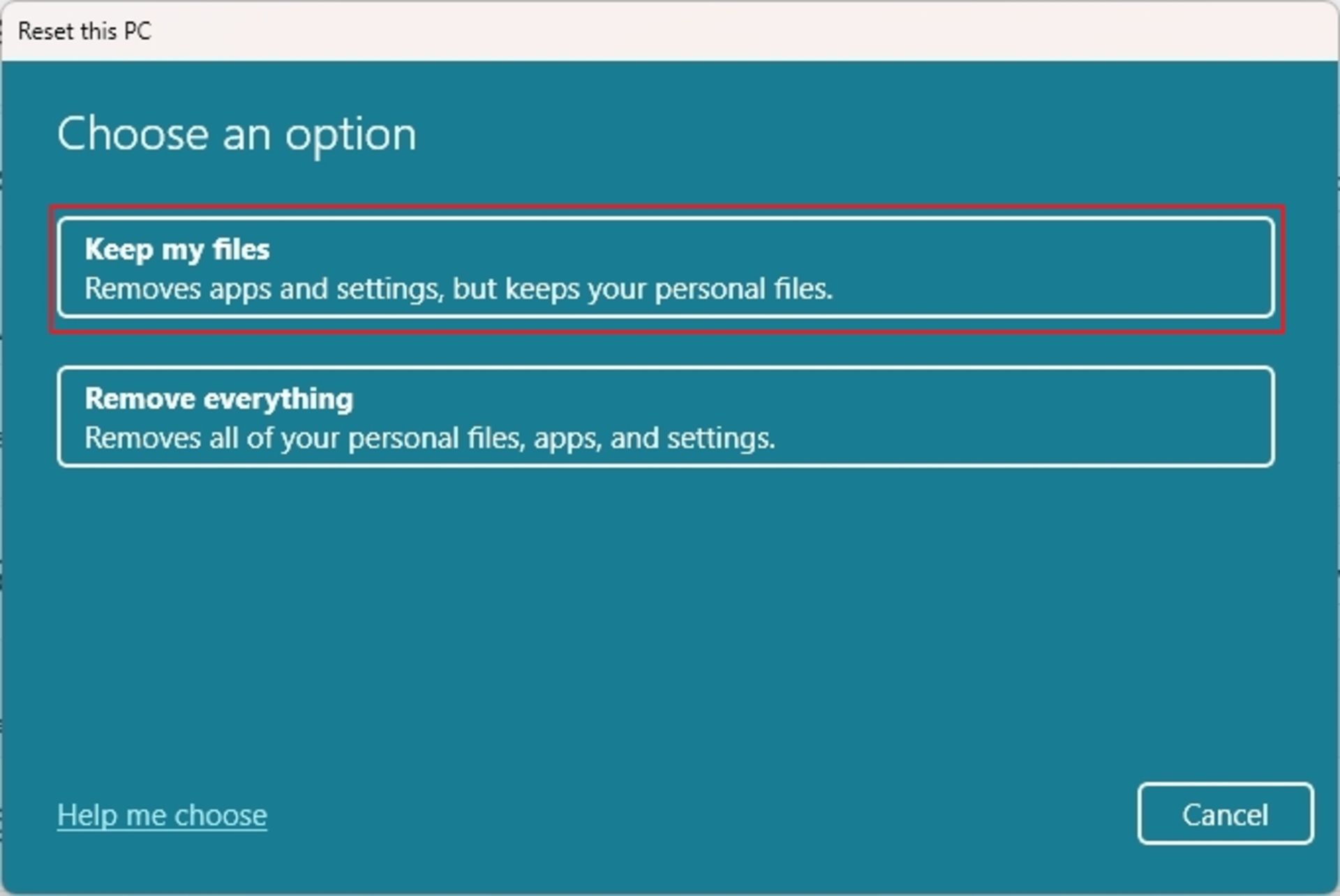 دو گزینه‌ی حذف و نگه داشتن فایل‌های شخصی پیش از بازنشانی ویندوز 