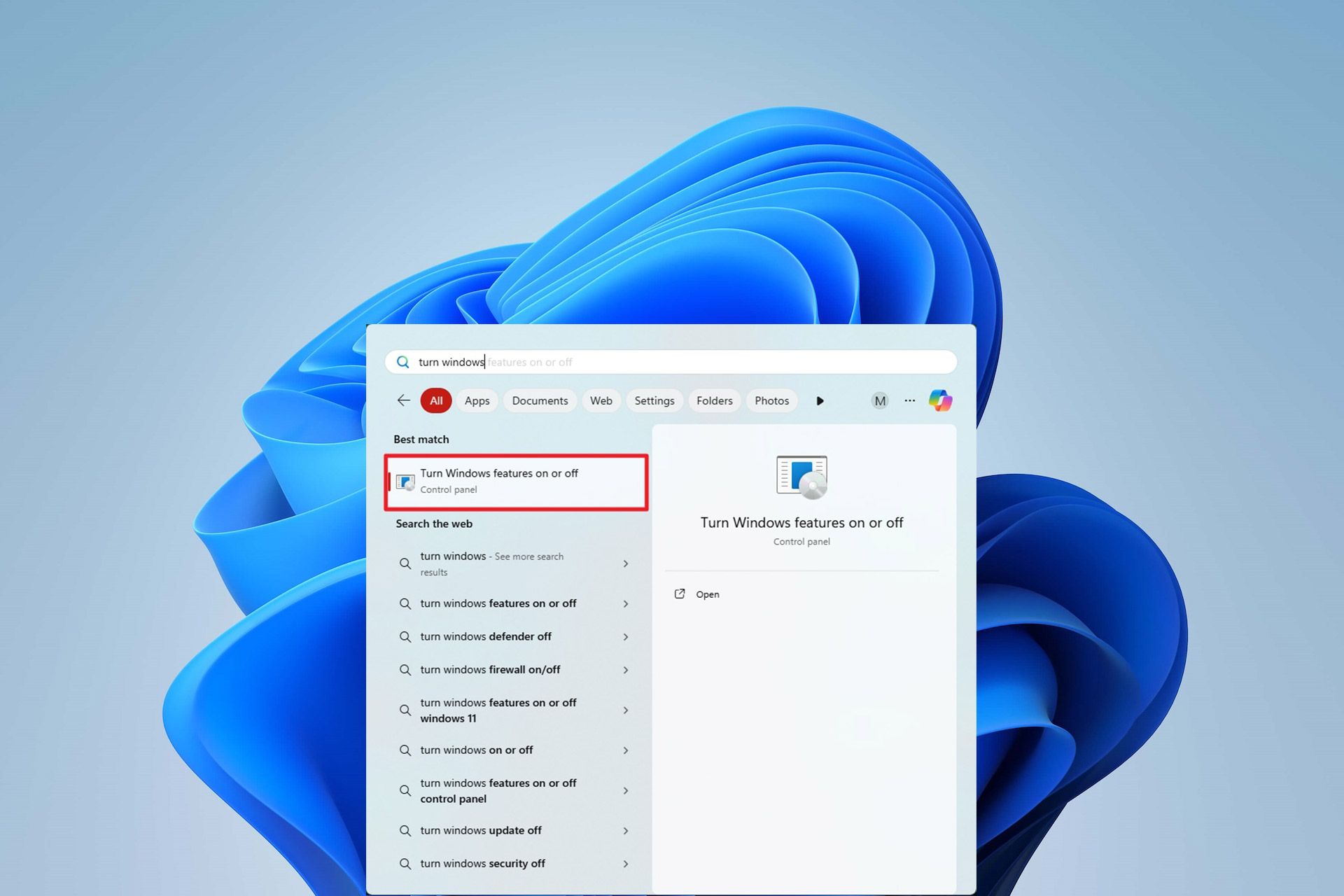 جستجوی turn windows features on and off در منوی استارت