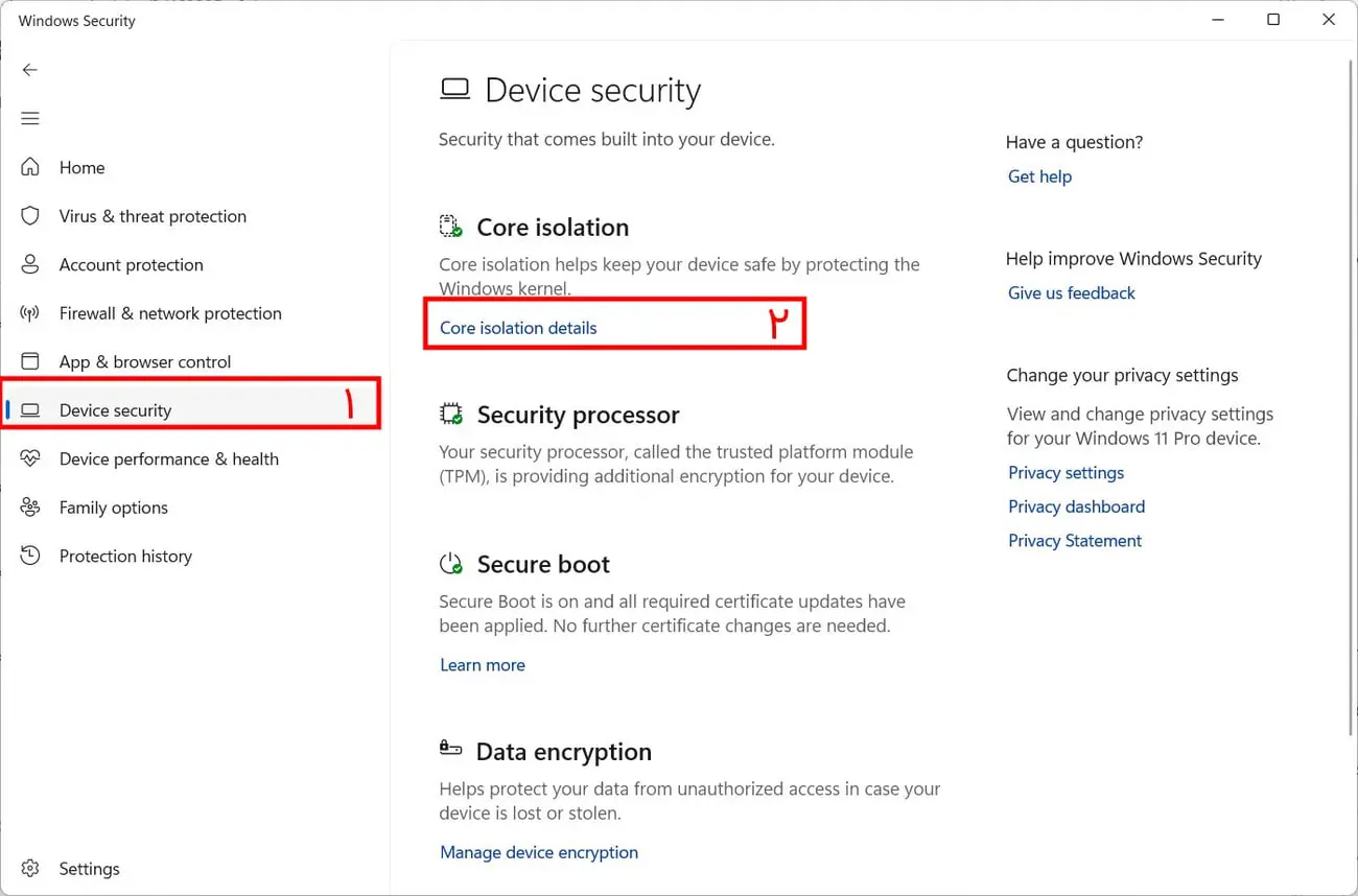 بخش امنیت دستگاه در محیط ویندوز سکیوریتی (Windows Security) با تمرکز بر جزئیات جداسازی هسته