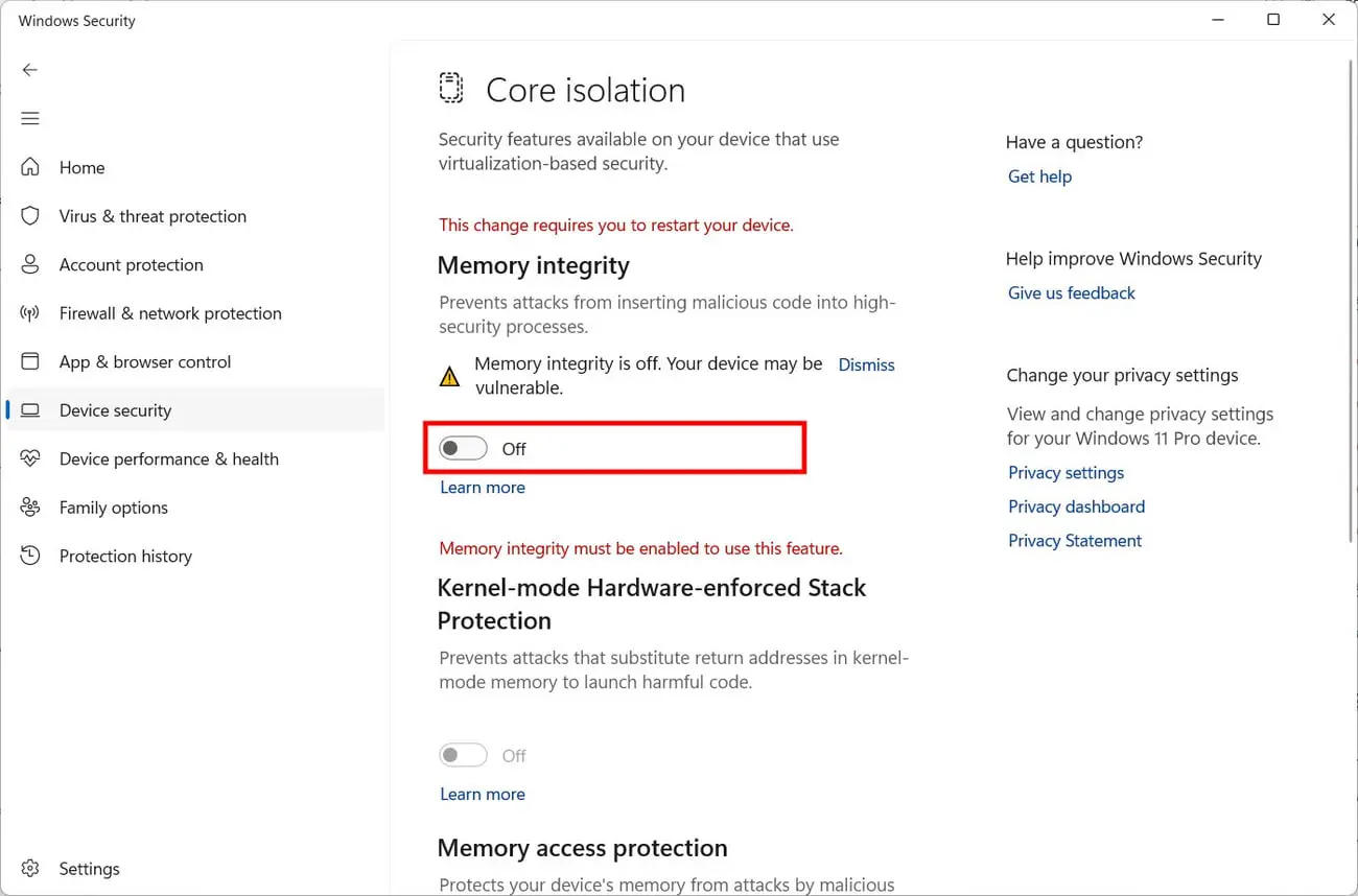 پنل تنظیمات Core isolation در بخش امنیت ویندوز با وضعیت غیرفعال بودن Memory integrity