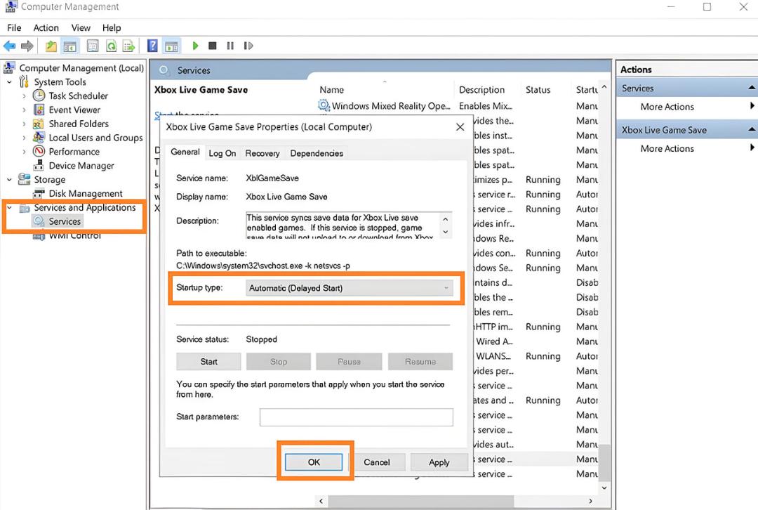 پنجره تنظیمات سرویس ایکس باکس Live Game Save در محیط Computer Management ویندوز