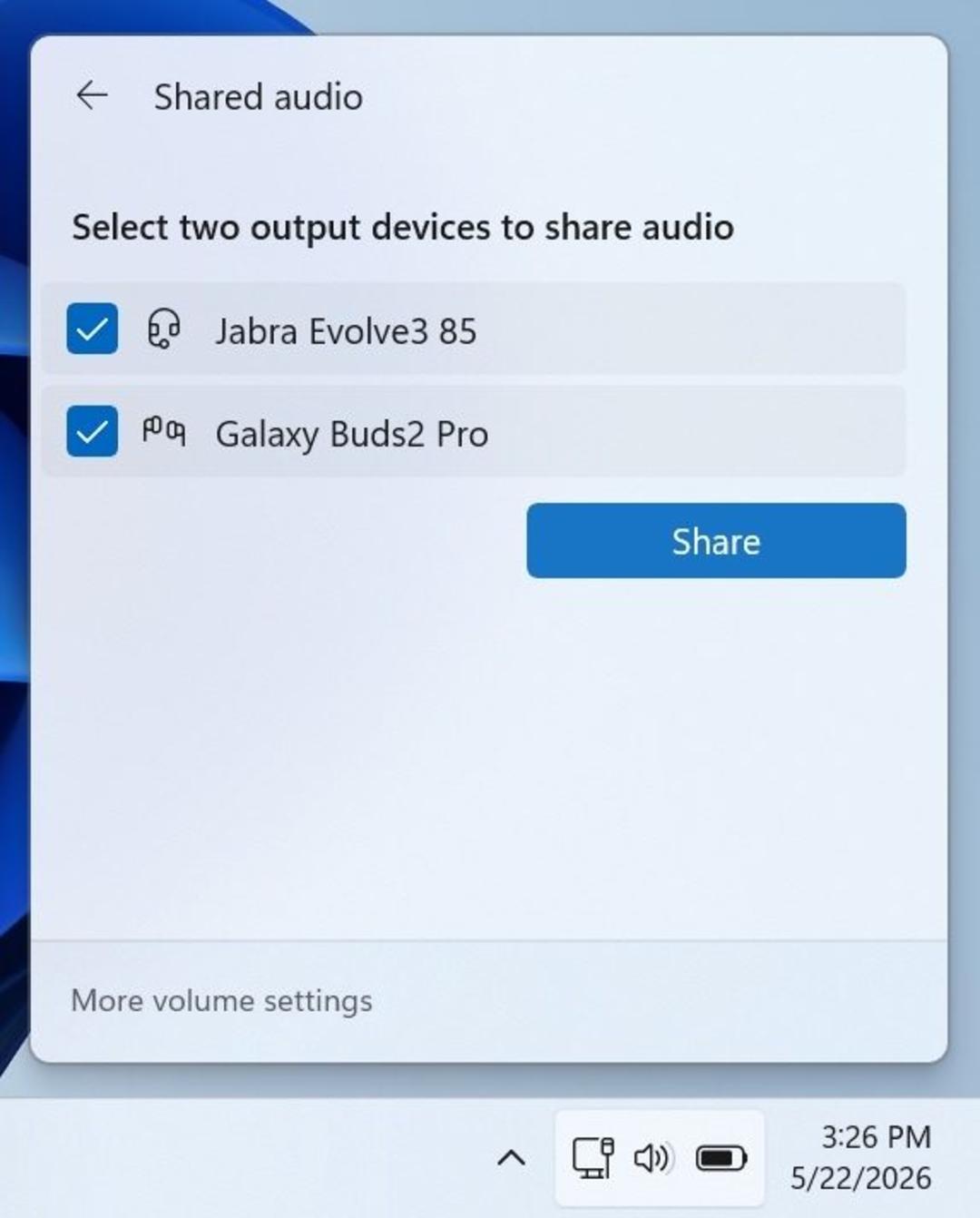 پنجره تنظیمات اشتراک‌گذاری صدا در ویندوز که دو دستگاه Jabra Evolve3 85 و Galaxy Buds2 Pro را برای پخش صدا انتخاب کرده است