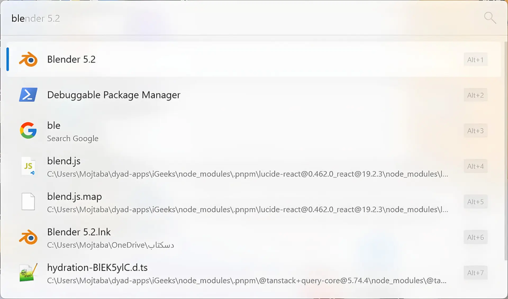 نرم‌افزار بلندر (Blender) و سایر برنامه‌های نصب شده در Flow Launcher