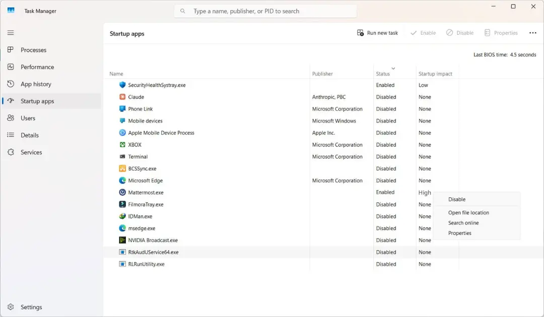 فهرست برنامه‌های استارتاپ (Startup apps) در مدیریت وظایف ویندوز (Task Manager)