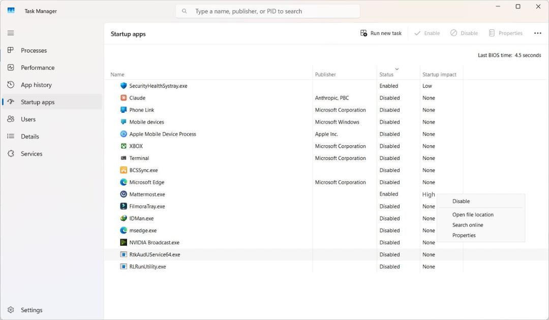 فهرست برنامه‌های استارتاپ (Startup apps) در مدیریت وظایف ویندوز (Task Manager)
