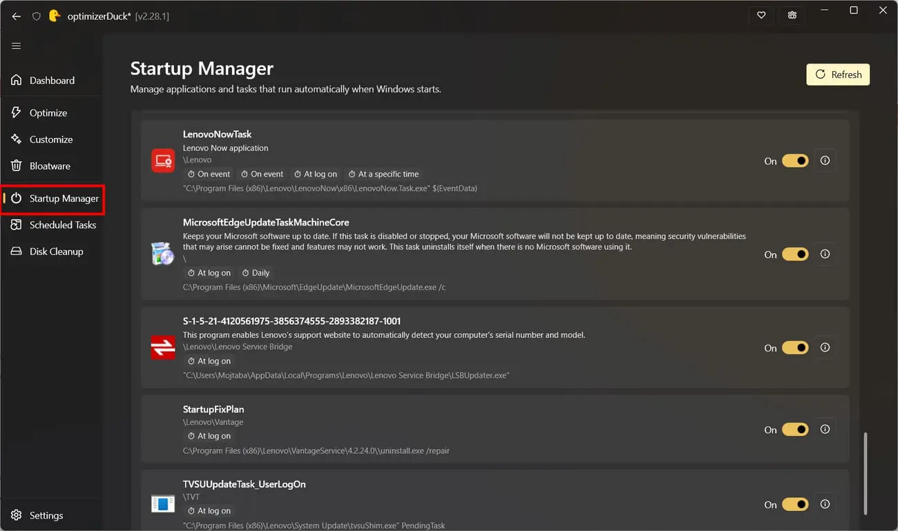 پنل مدیریت برنامه‌های استارتاپ (Startup Manager) در نرم‌افزار optimizerDuck برای کنترل اجرای خودکار برنامه‌ها