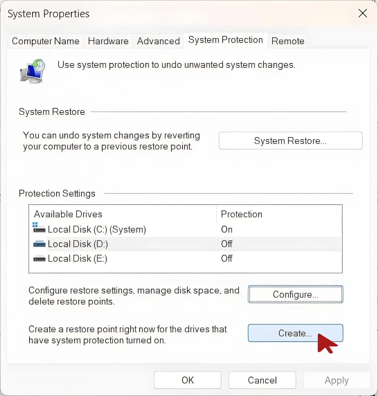 پنجره تنظیمات System Protection در سیستم‌عامل ویندوز برای مدیریت نقاط بازیابی
