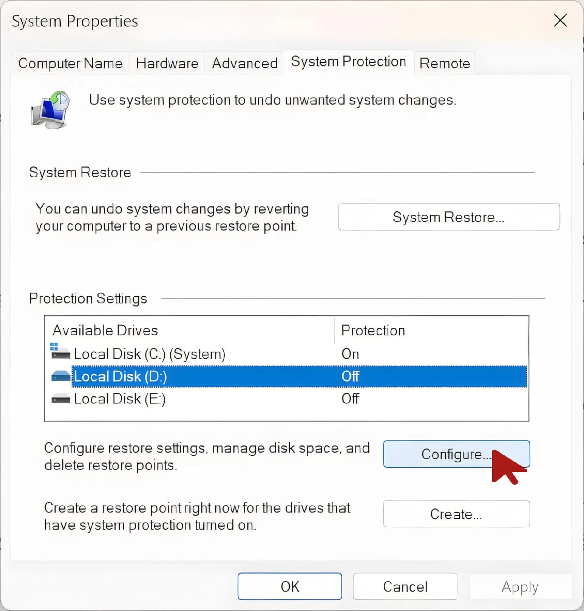 پنجره تنظیمات System Protection در محیط ویندوز برای مدیریت نقاط بازیابی