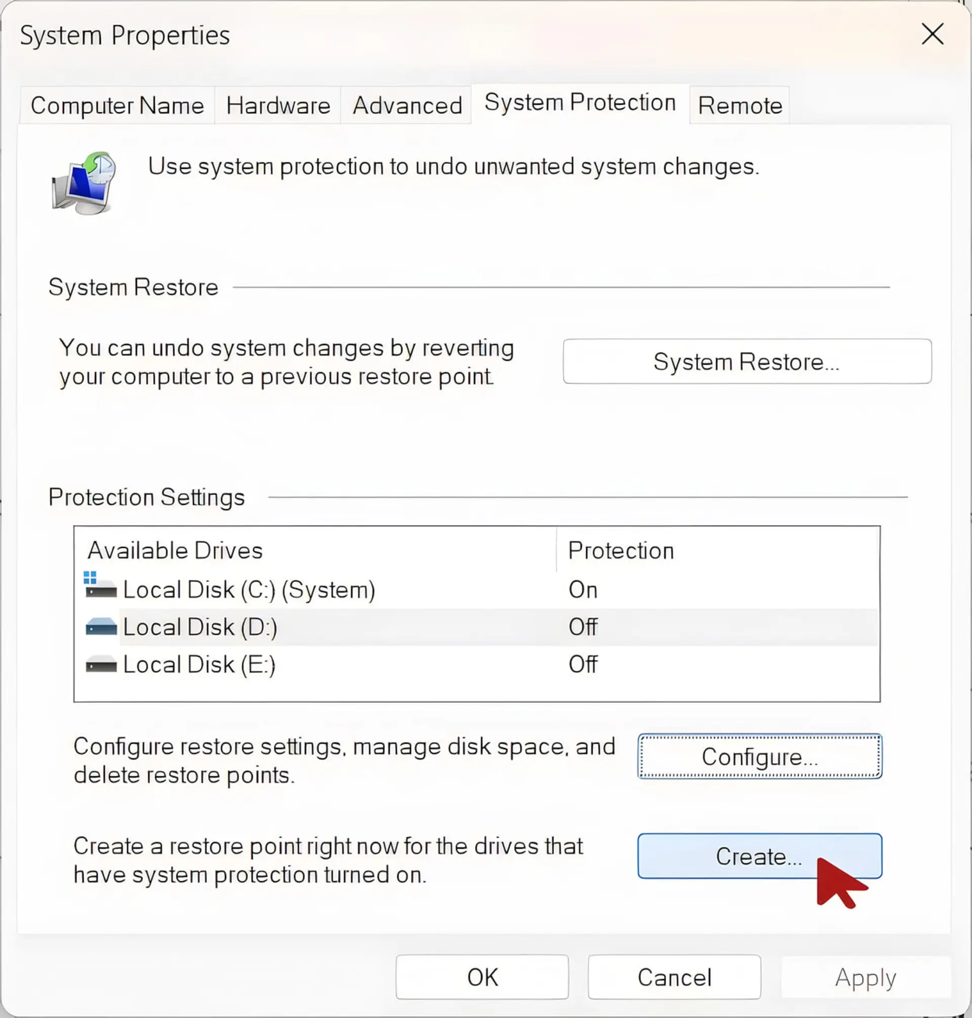 پنجره تنظیمات System Protection در سیستمعامل ویندوز برای مدیریت نقاط بازیابی