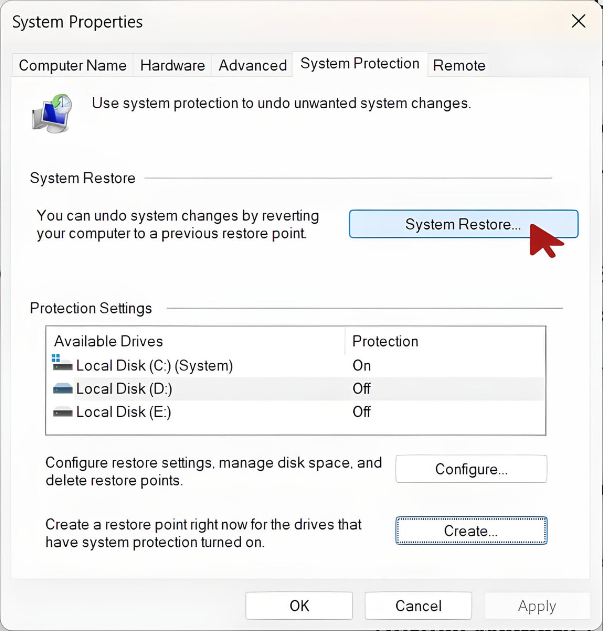 پنجره System Properties در ویندوز با گزینه فعال System Restore