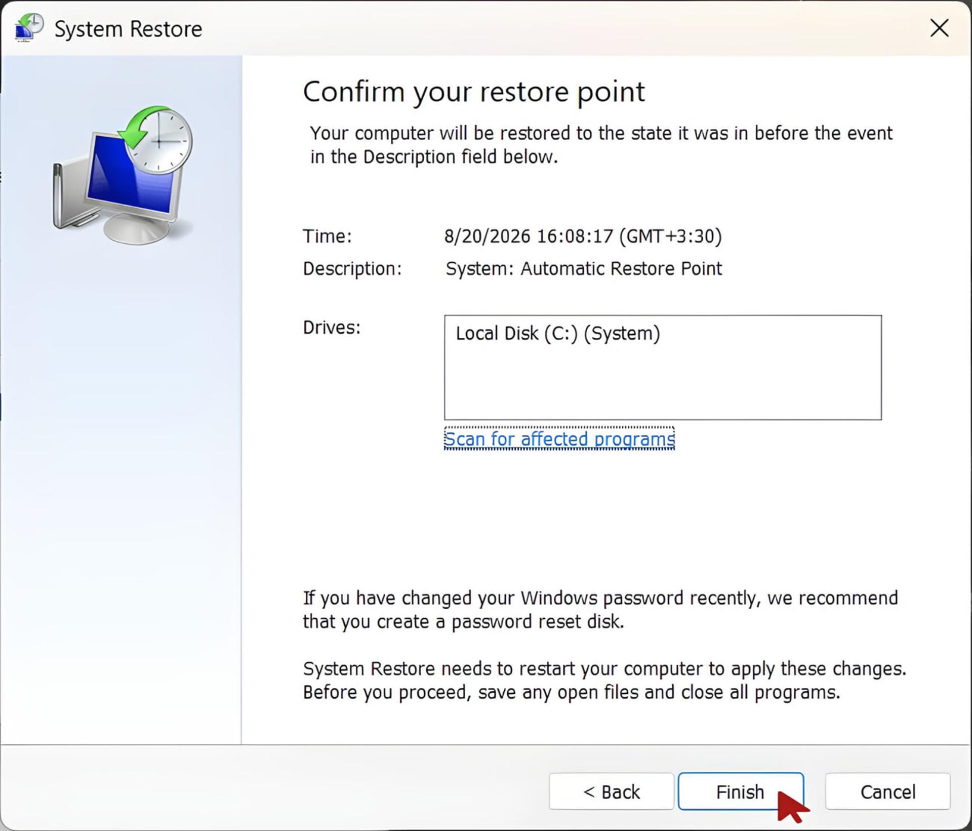 پنجره تأیید نقطه بازیابی سیستم (System Restore) در ویندوز